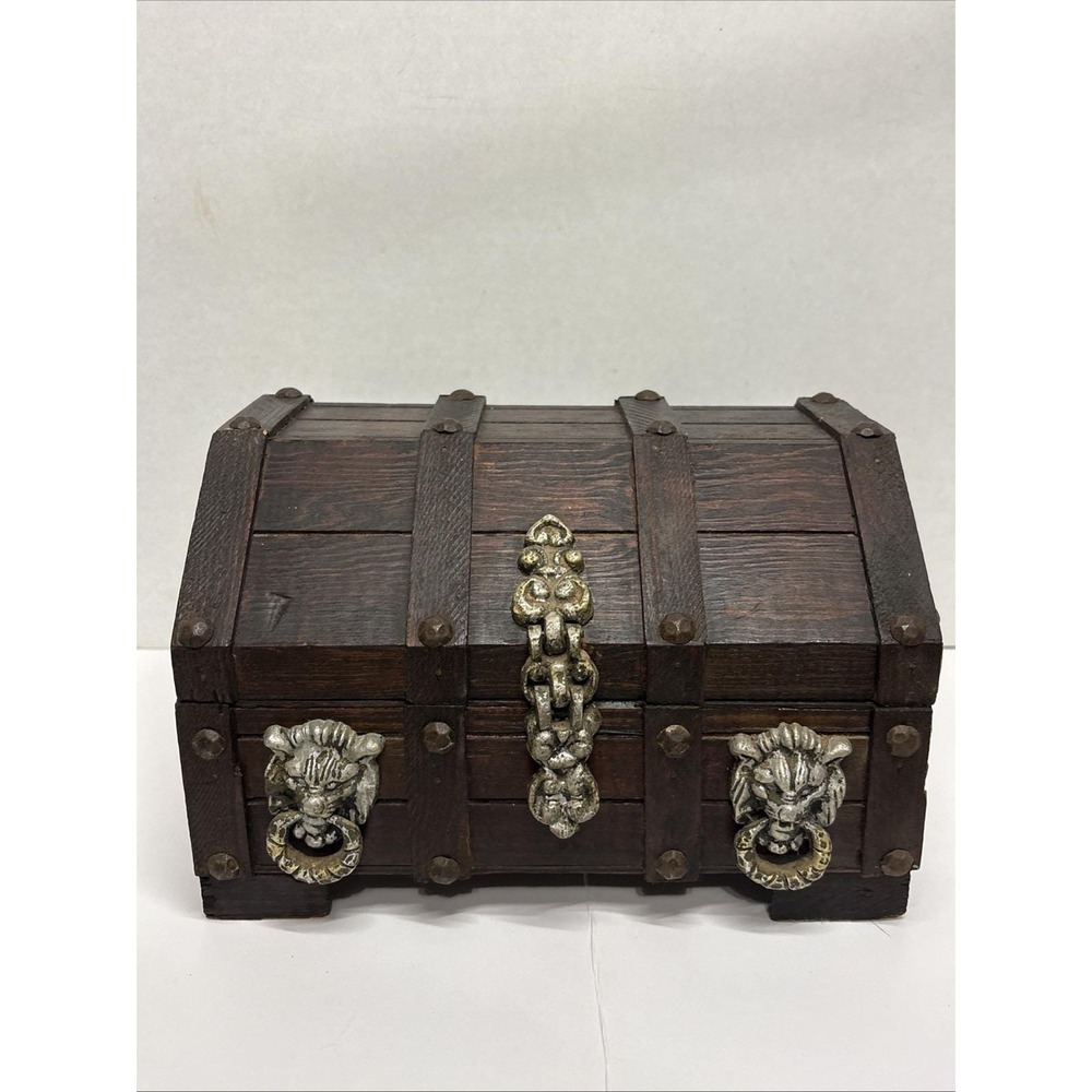 Vtg Wooden Pirate Treasure Chest Jewelry Box Lion Head 9.5x 8"